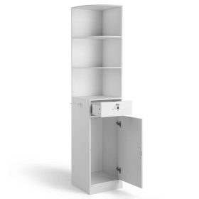 3-Tier Corner Salon Cabinet with 1 Door & 1 Drawer, 15mm E0 Grade Particleboard Matt White