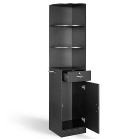3-Tier Corner Salon Cabinet with 1 Door & 1 Drawer, 15mm E0 Grade Particleboard Matt Black